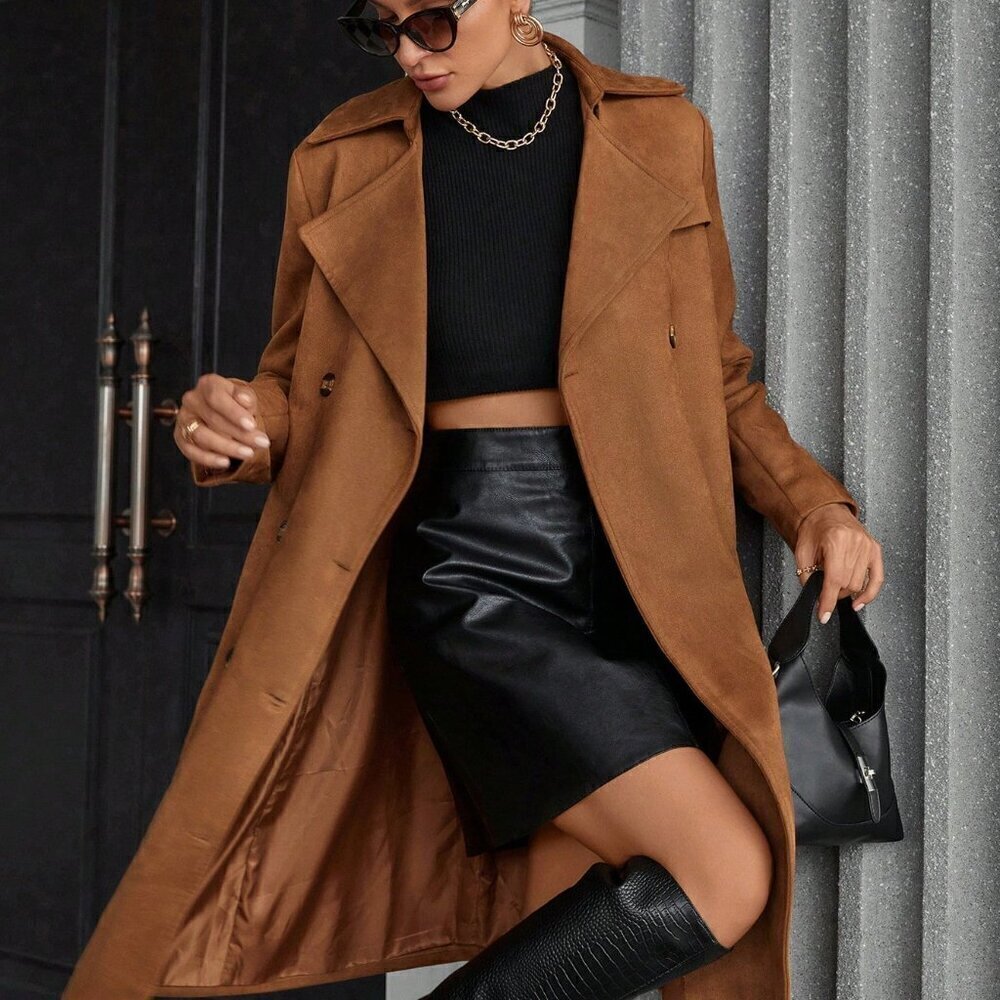Brown Preppy Womens Suede Fleece All-Match Elegant Mid-Length Windbreaker Jacket